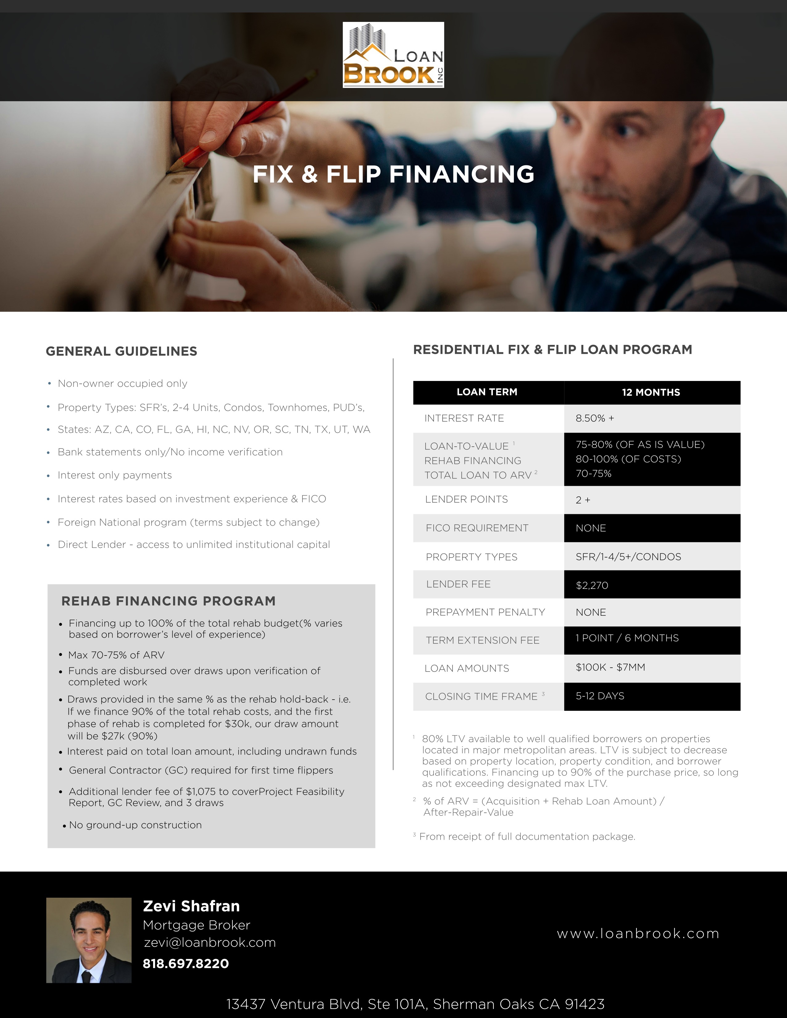 Non-owner occupied rehab financing up to 100% of the total rehab budget.