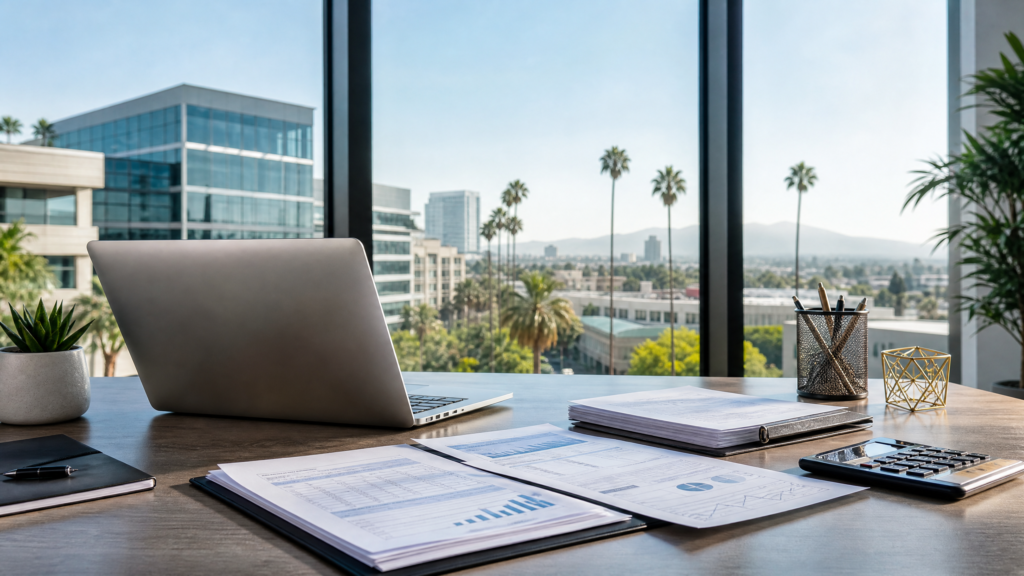Professional office desk with financial documents and a modern California building in the background