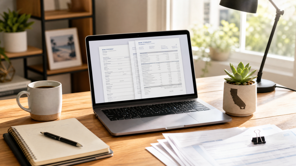 Home office desk with laptop showing bank statements representing self-employed mortgage documentation in California