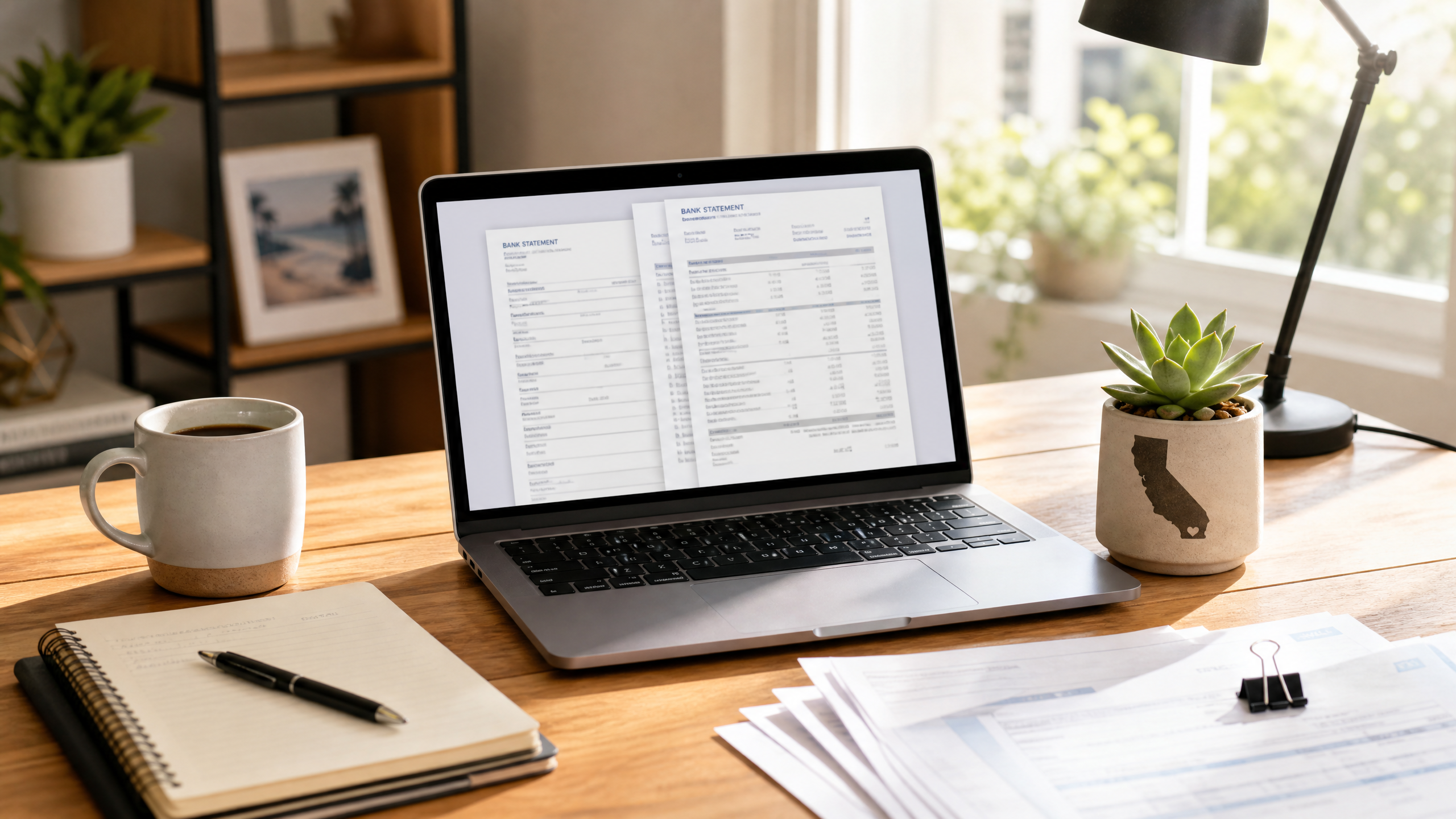 Home office desk with laptop showing bank statements representing self-employed mortgage documentation in California
