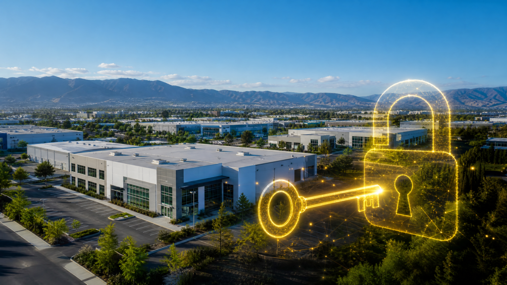 Aerial view of California commercial warehouse with glowing key and lock overlay symbolizing equity unlock through cash-out refinancing