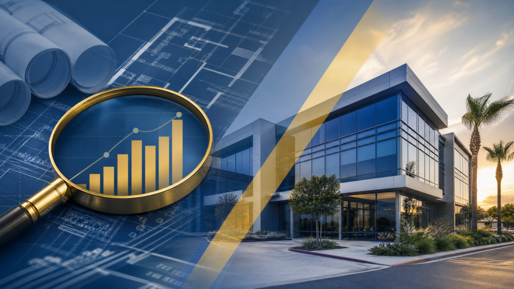 A modern commercial building with an overlay of architectural blueprints and a valuation chart