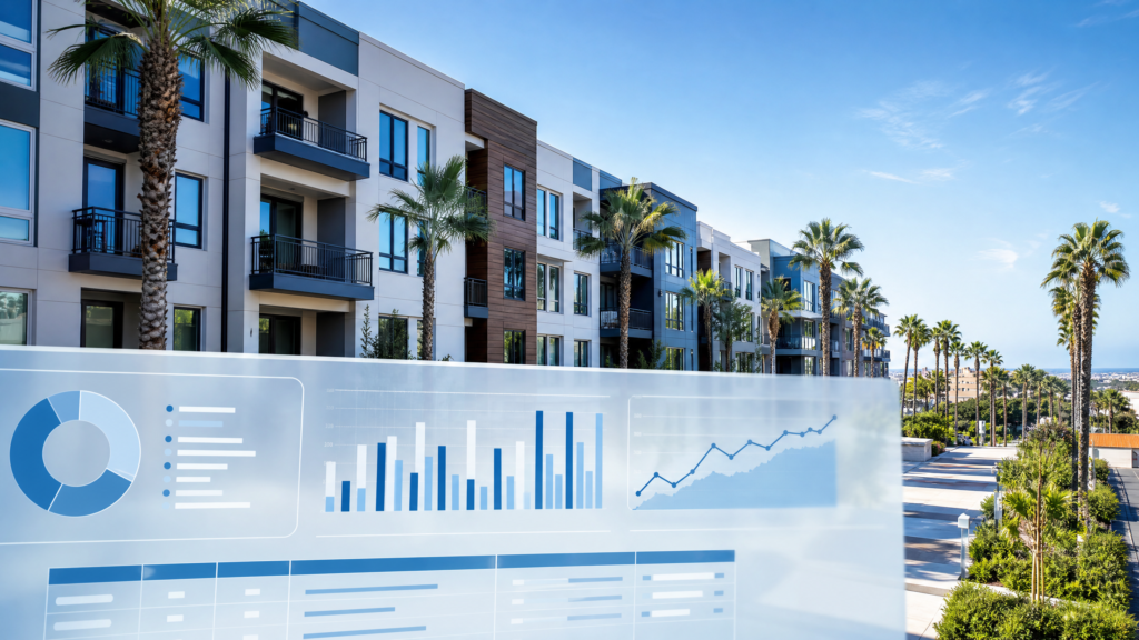 California rental apartment buildings with financial dashboard overlay representing DSCR loan analysis