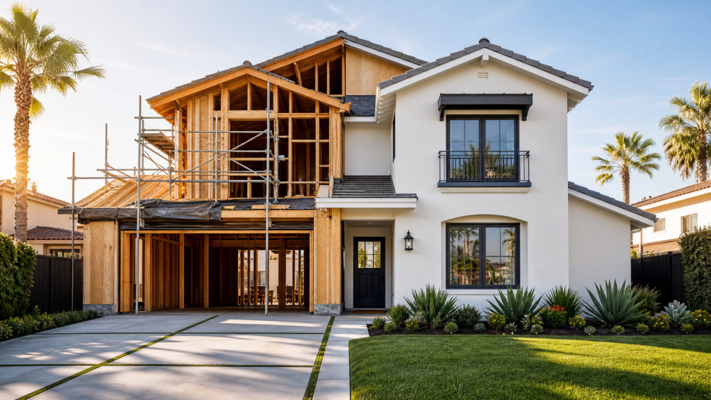 A California home undergoing renovation with exposed framing on one side and a finished exterior on the other, surrounded by palm trees