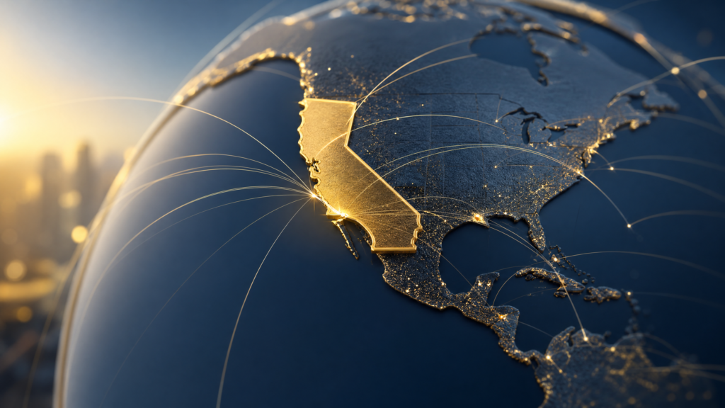A globe or map highlighting California with financial connections, representing foreign national investment