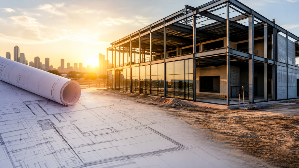 Architectural blueprints and a modern building under construction representing hard money financing