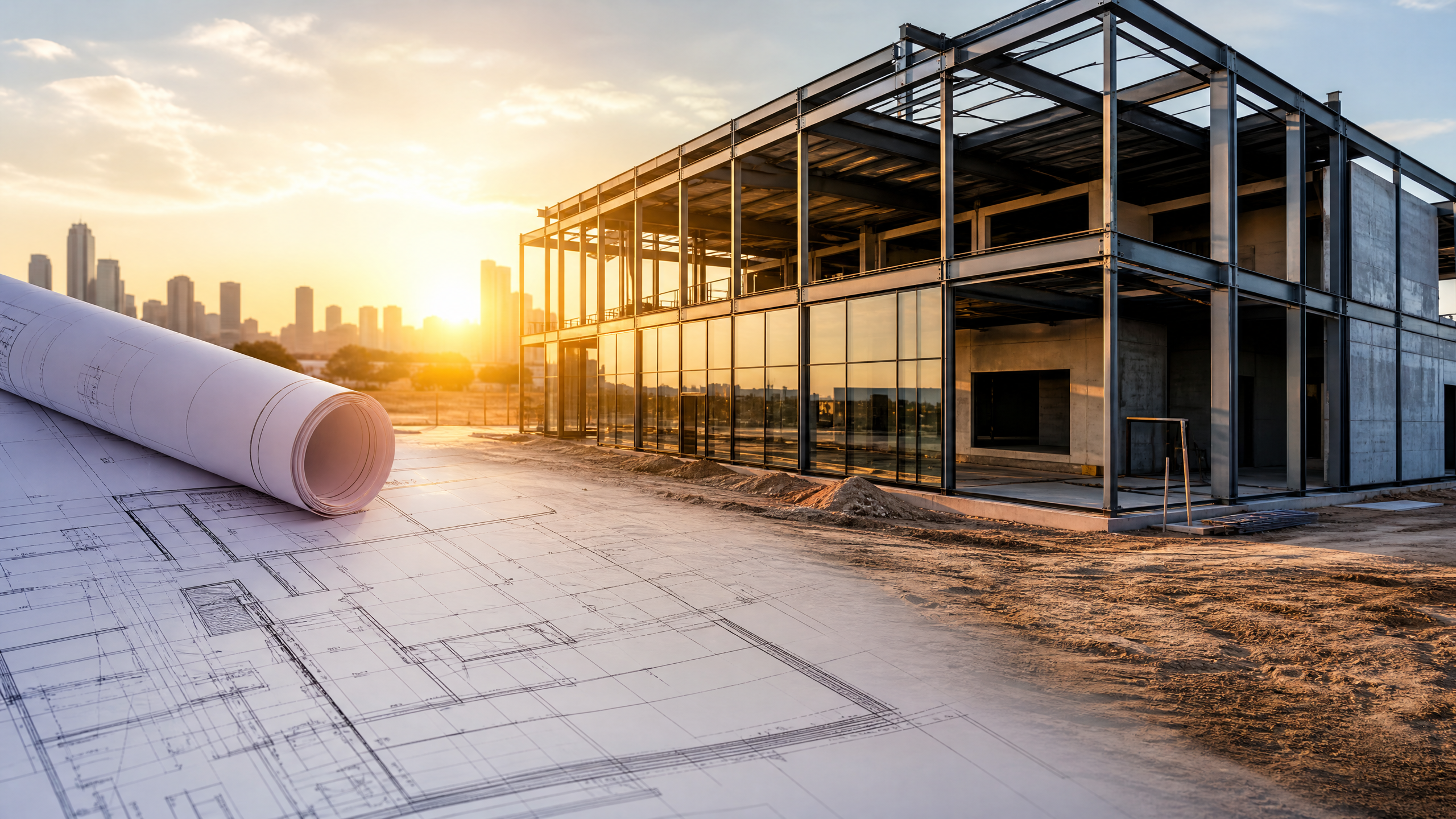 Architectural blueprints and a modern building under construction representing hard money financing
