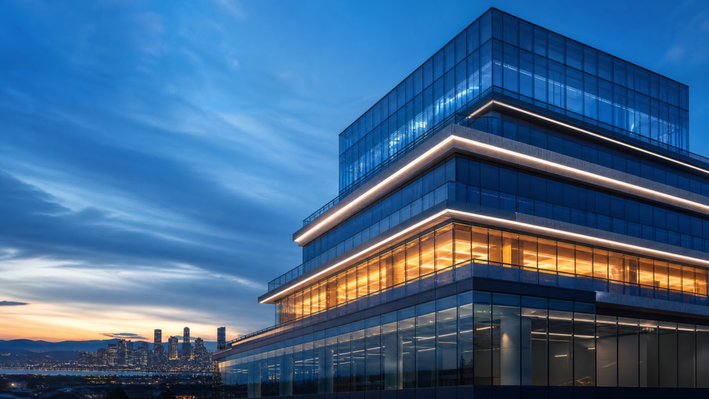 A high-rise commercial building with layered financial graphics representing mezzanine financing