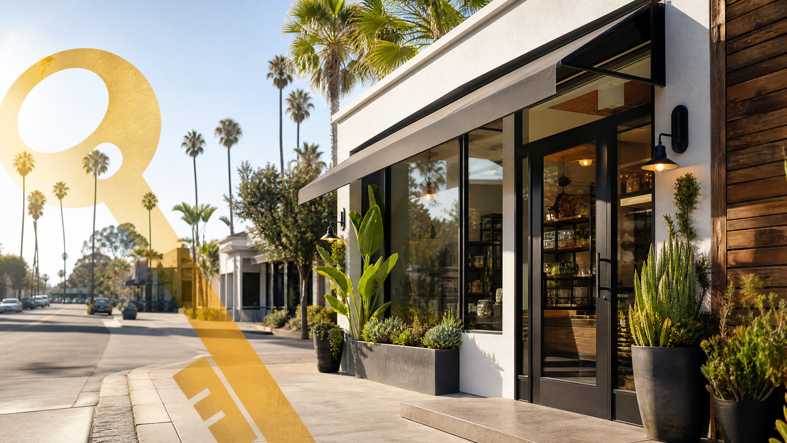 Small business storefront in California with a key and lock symbolizing SBA 504 property ownership