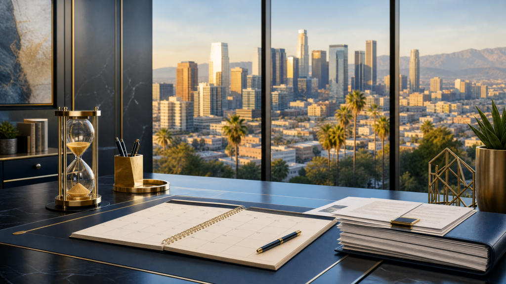 A professional executive desk with a calendar, mortgage documents, and a gold hourglass, with a California city skyline visible through the window