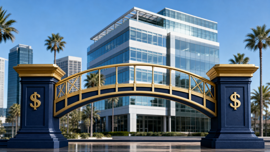 A modern California commercial office building with a gold and navy architectural bridge graphic in the foreground representing short-term bridge financing