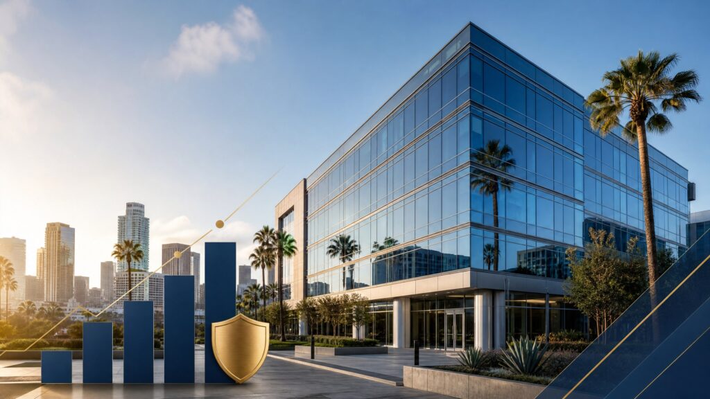 Modern California commercial office building with an abstract bar chart and a gold shield representing property cash flow and lender risk analysis