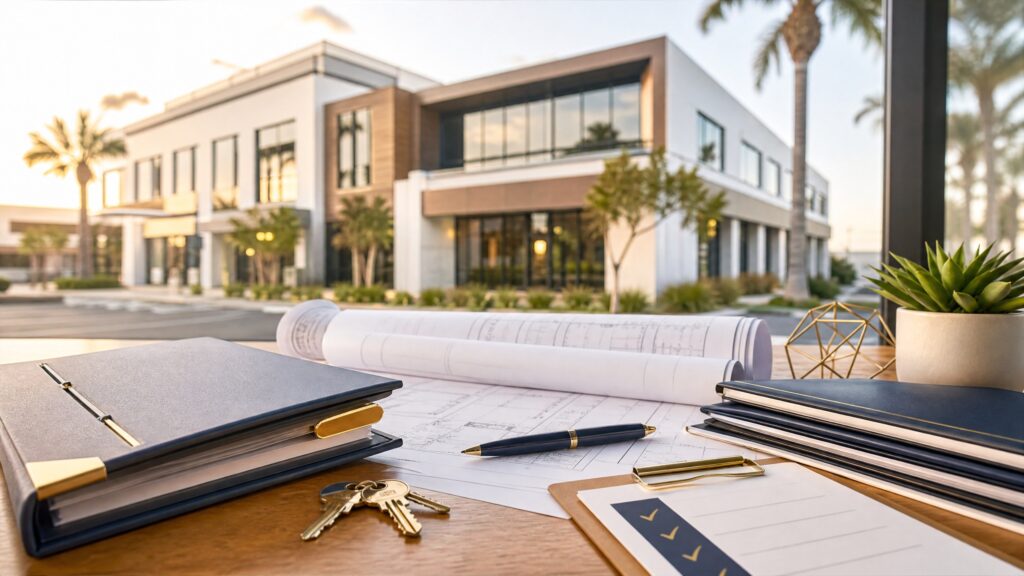 California commercial property with organized closing documents, keys, and a navy and gold financing checklist motif