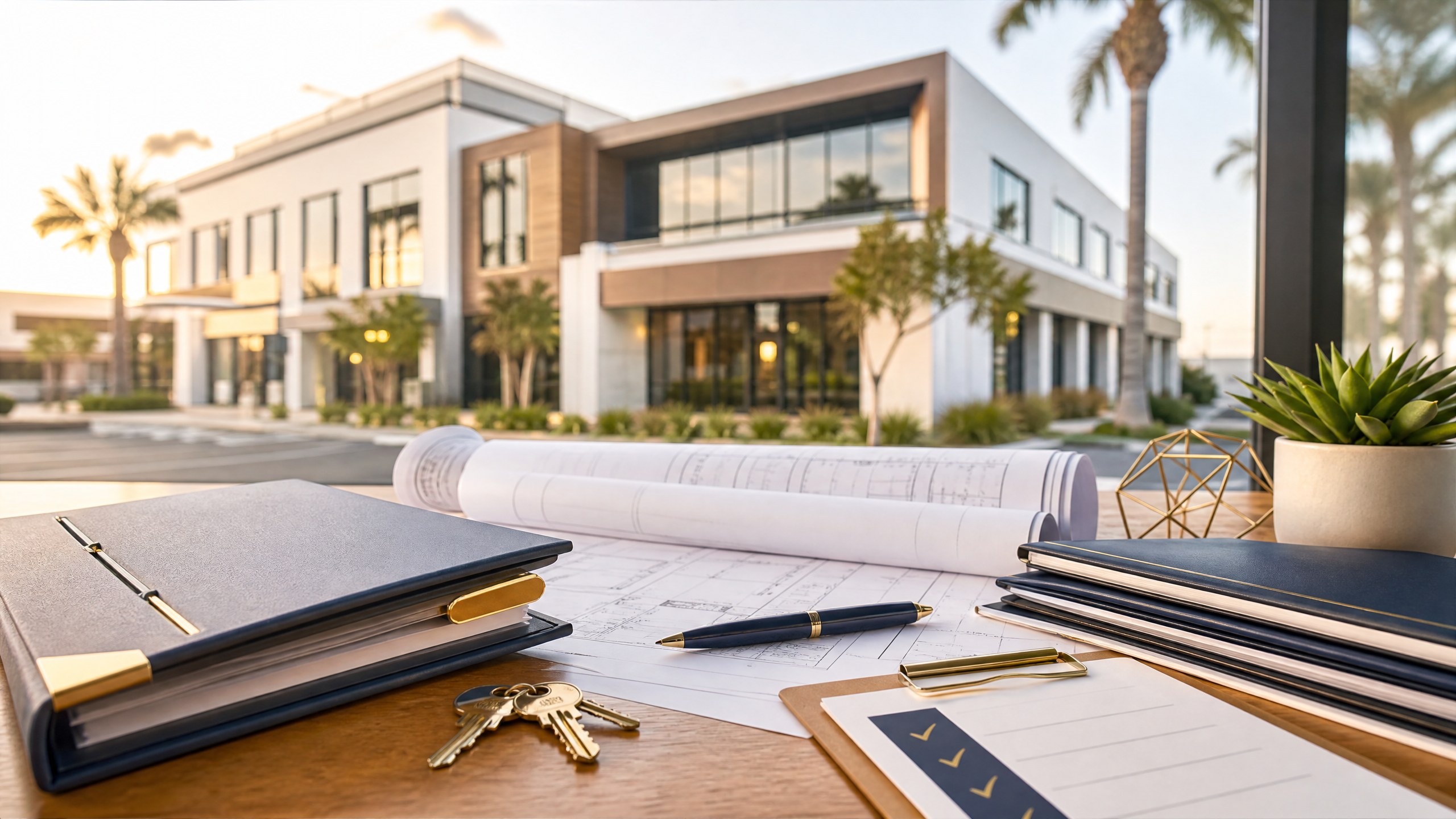 California commercial property with organized closing documents, keys, and a navy and gold financing checklist motif