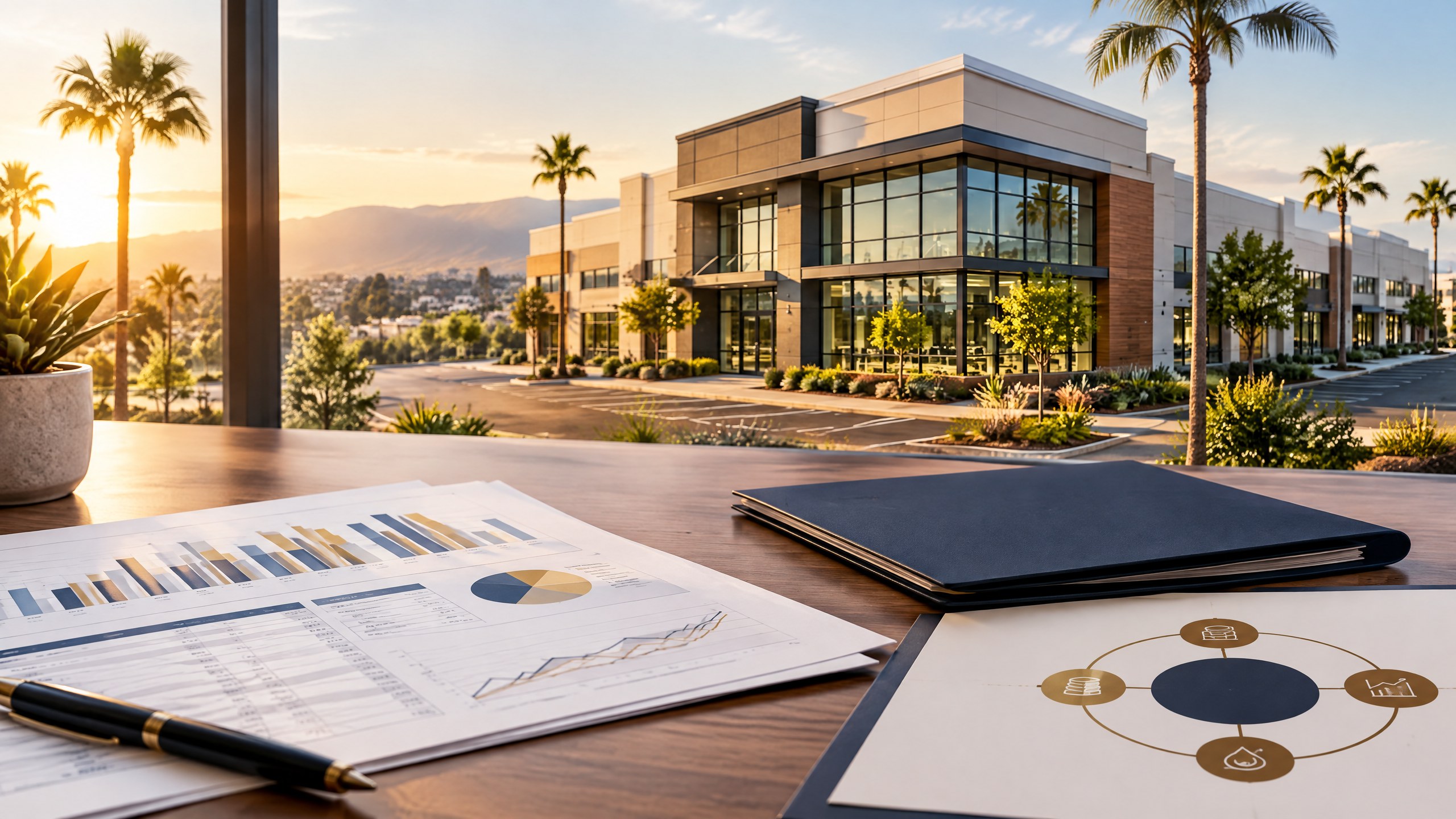 California commercial property with organized financial statements and subtle navy and gold liquidity-planning accents
