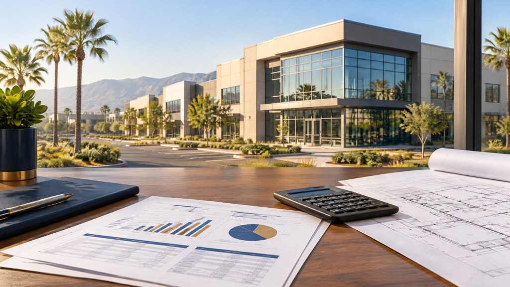California commercial property with organized operating statements and understated navy and gold underwriting accents