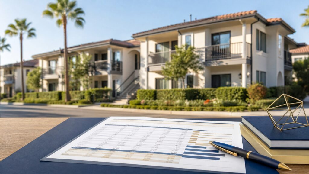 California multifamily property with a clean rent roll worksheet and navy and gold underwriting accents