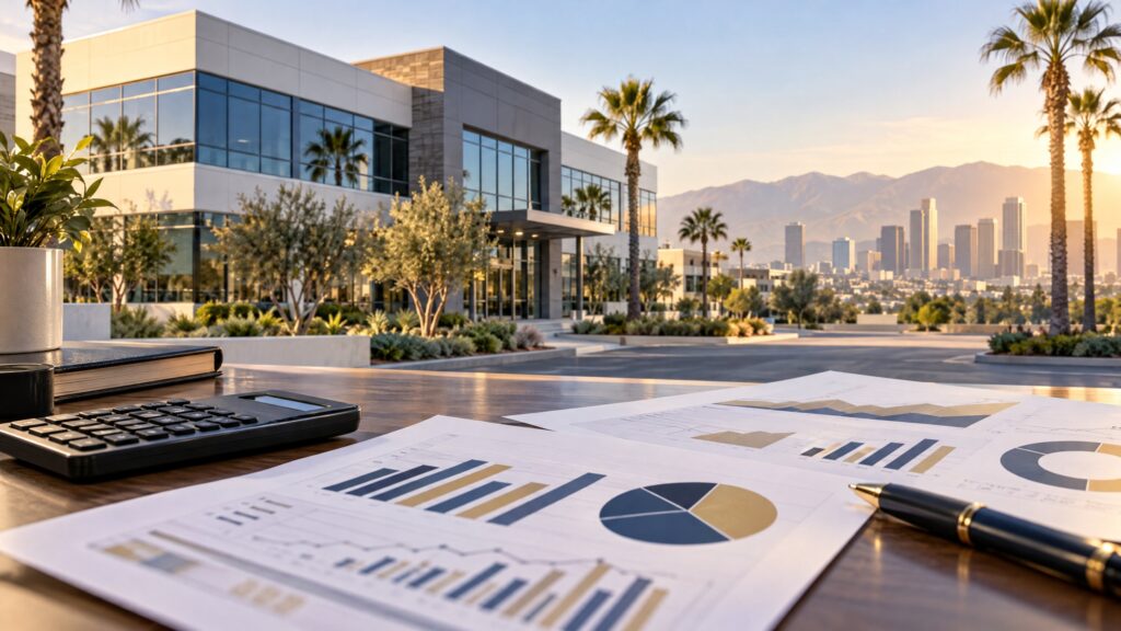 California commercial property with organized cash-flow analysis documents and understated navy and gold finance accents