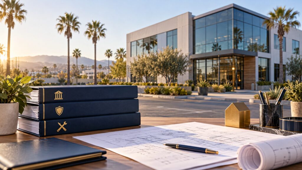 California commercial property with organized reserve-planning folders and understated navy and gold finance accents